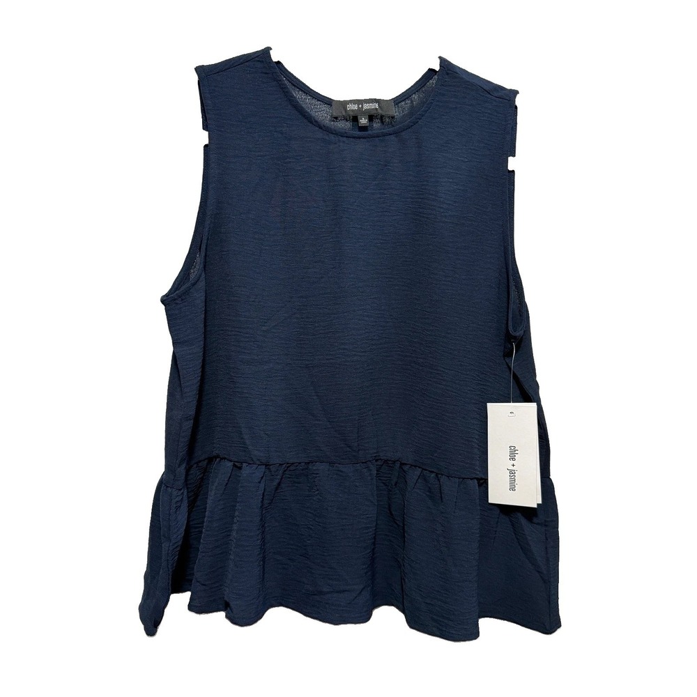 Chloe + Jasmine Navy Blue Peplum Sleeveless Top Womens Small Textured Button NWT